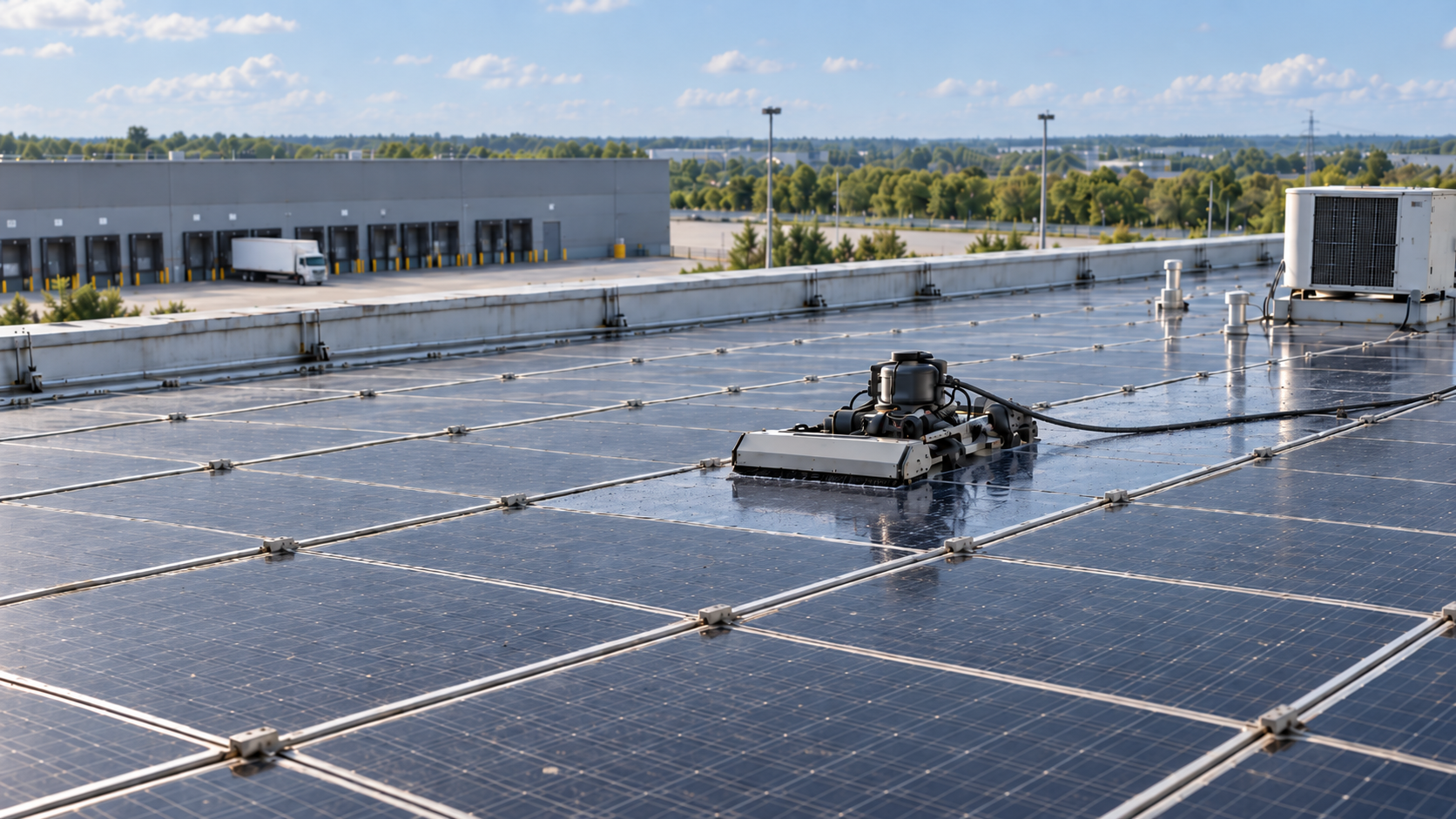 Solar-Reinigungsroboter auf einer großen Gewerbeanlage